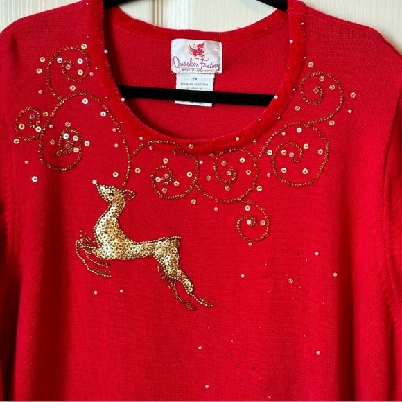 Quacker Factory Christmas Holidays Sweater with Beaded Gold Reindeer Size 2X - Picture 10 of 11